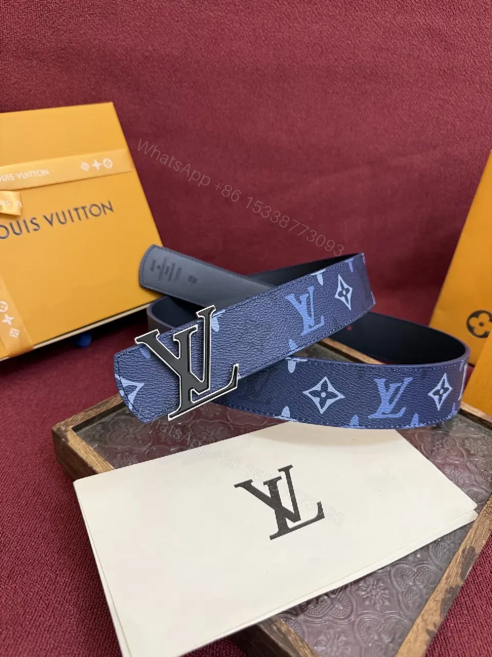 View 5 of Blue Monogram Leather Belt - Modern, Durable, Subtle Statement