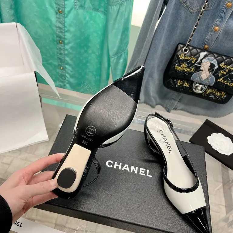View 5 of Chanel-Inspired White & Black Slingback Heels â€“ Pointed Toe