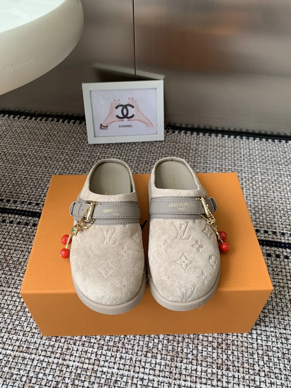 View 7 of Ivory Suede-Look Slip-Ons with Monogram & Charm Designer-Inspired Comfort