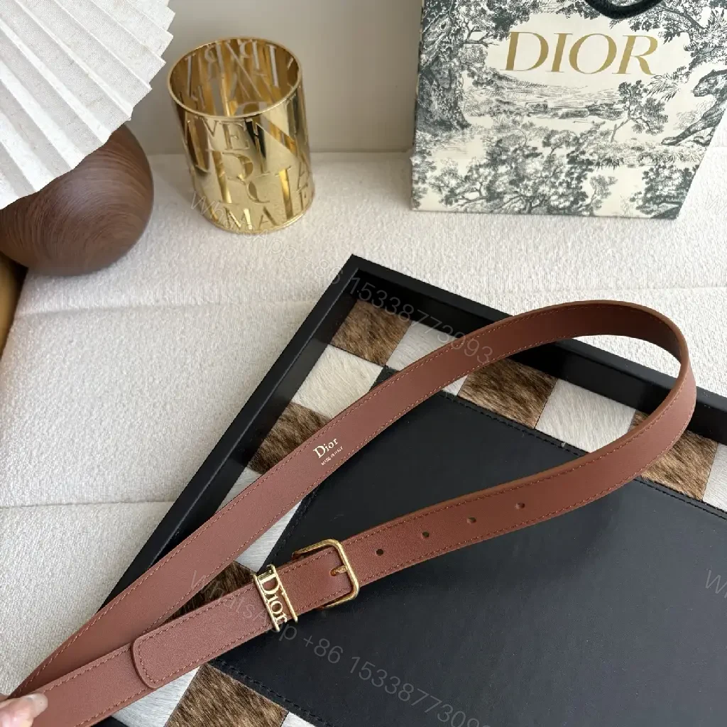 View 5 of Brown Leather Minimalist Belt with Gold DIOR Emblem Strap