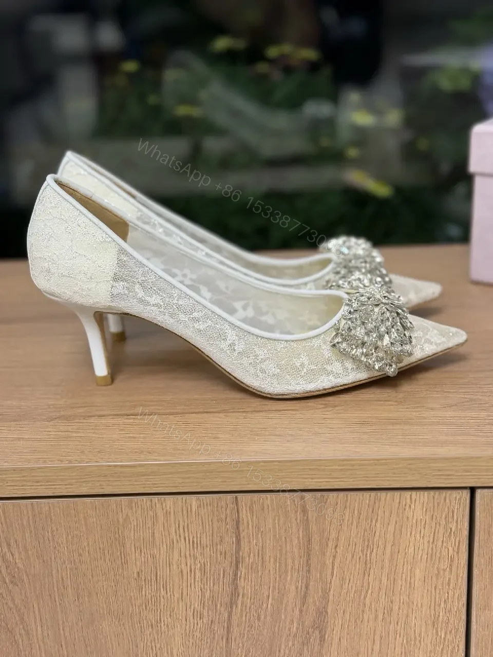 View 8 of Champagne Lace Pumps: Crystal Toe Embellishment, Elegant Pointed-Toe