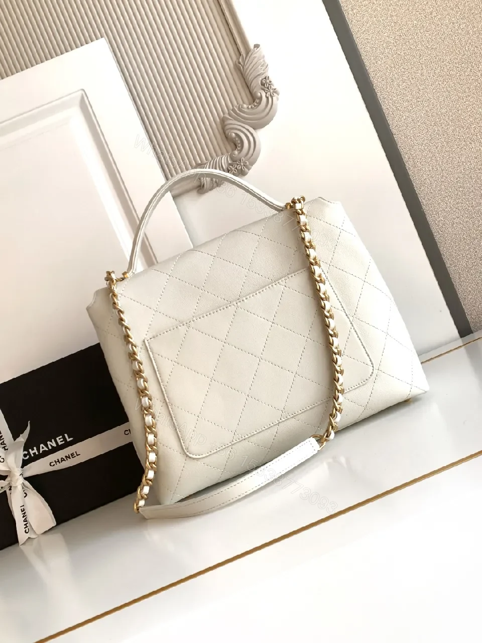 View 10 of Quilted White Crossbody Bag with Gold Logo Accent