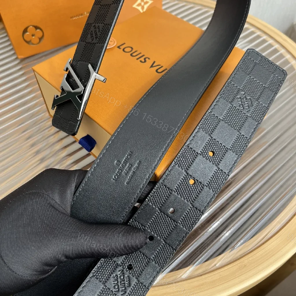 View 9 of Checkerboard Leather Belt with LV-Look Buckle
