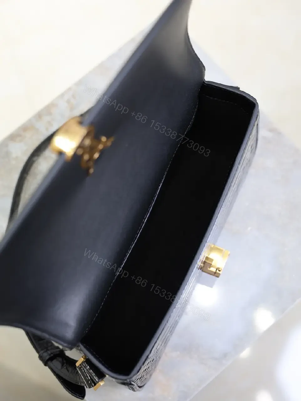View 7 of Crocodile-Texture Leather Shoulder Bag with Gold Hardware