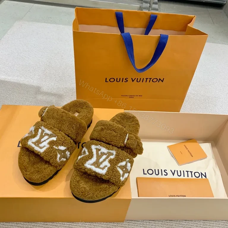 Plush LV Monogram Fur Slides – All-Day Luxury Comfort — view 1