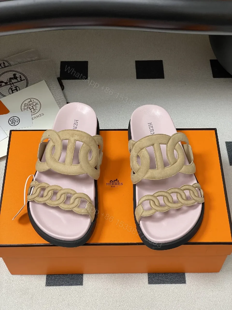 View 9 of Soft Pink Leather Slides with Signature Interlaced Straps