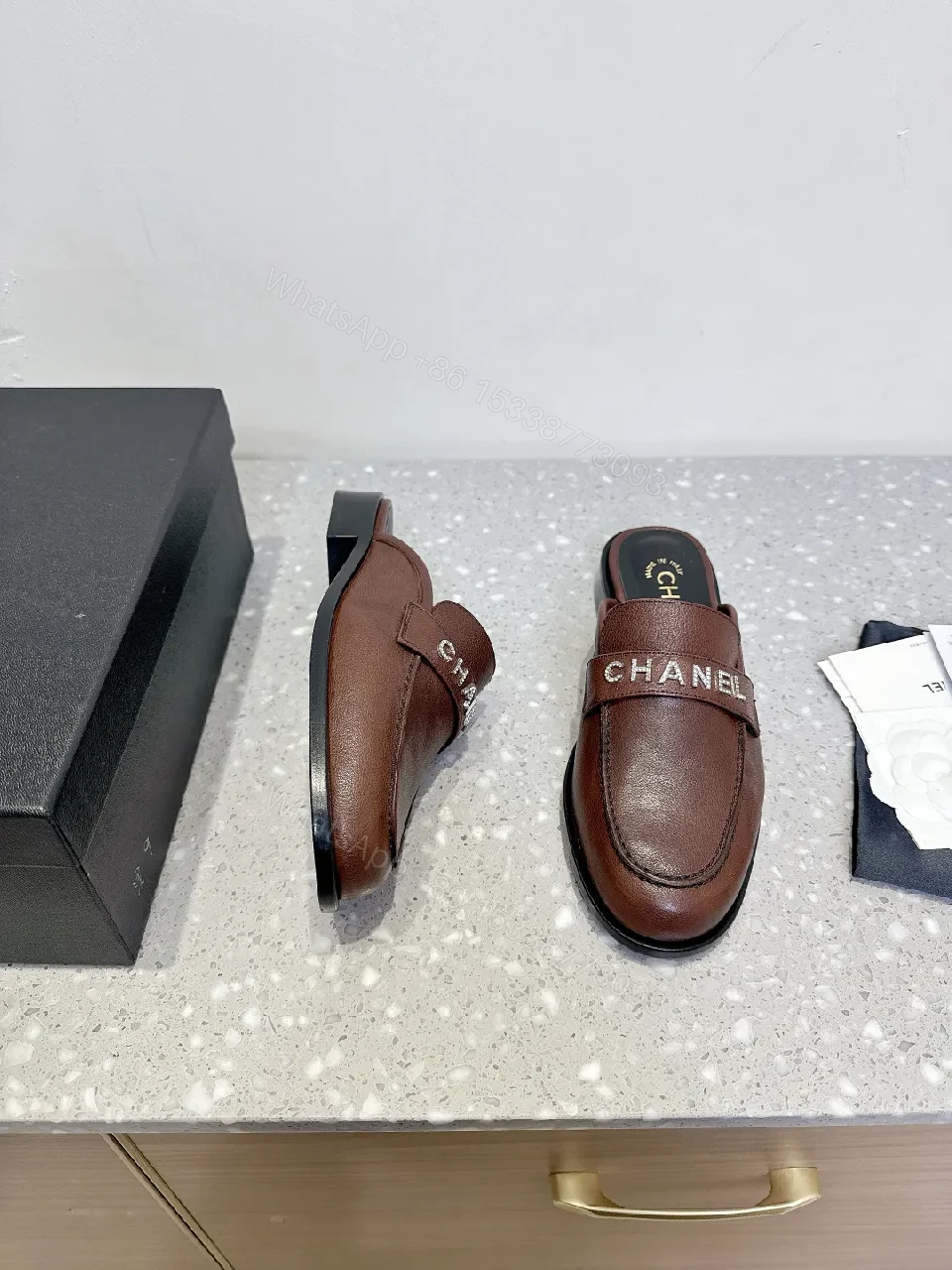 View 4 of Brown Leather Mules + CHANEL Strap + Minimalist Couture + Memory-Foam Comfort + Mules