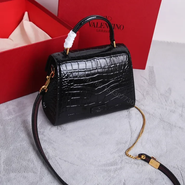 View 9 of Croc-Embossed Satchel: Black Calfskin Valentino Bag