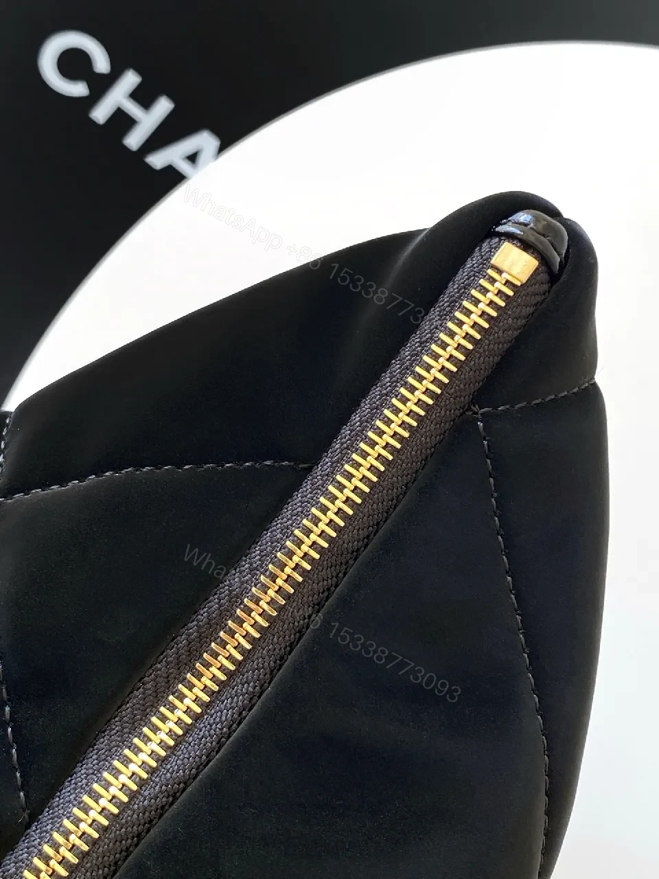 View 9 of Quilted Velvet Black Handbag with Gold Accent