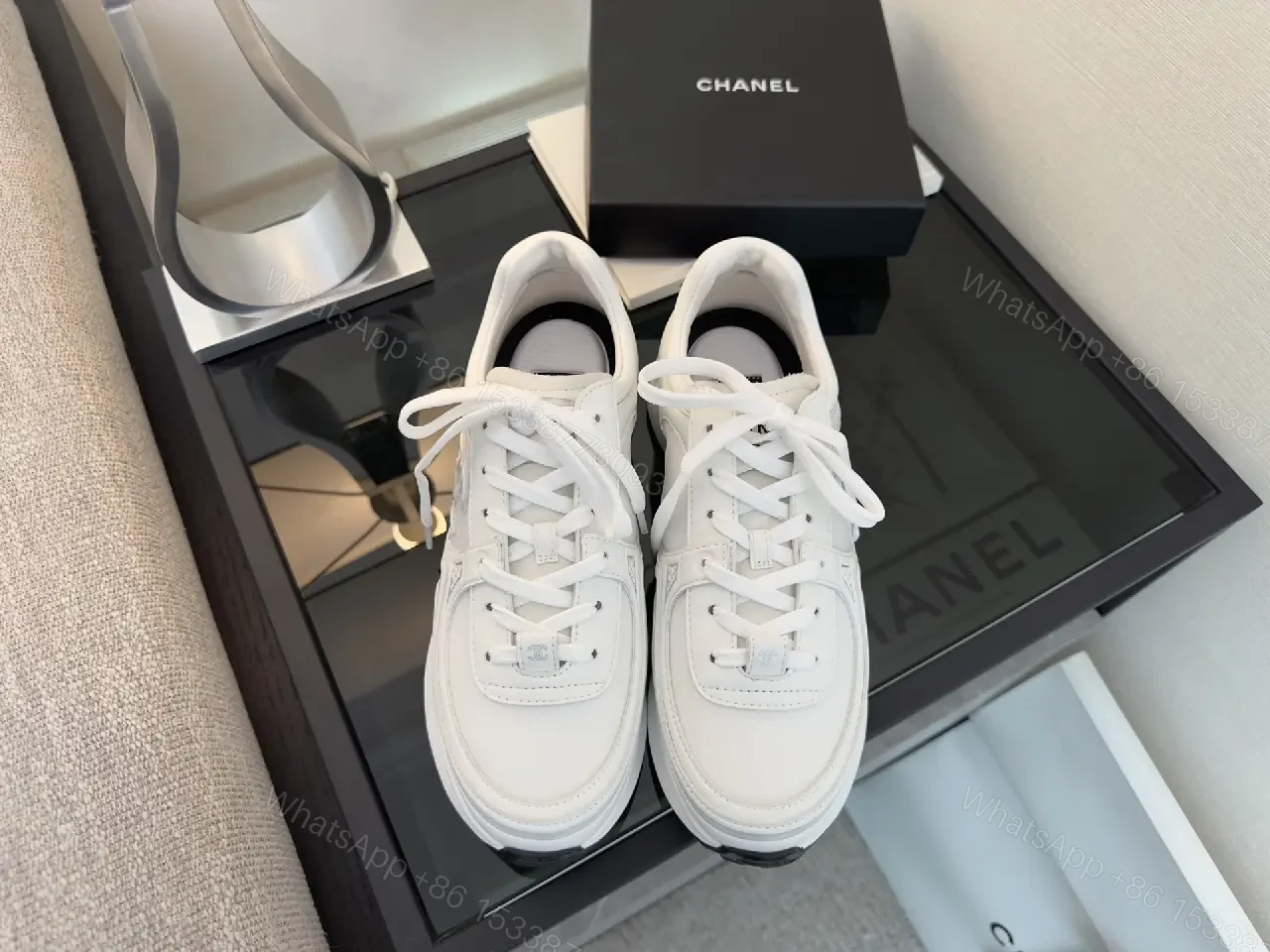 View 8 of Premium White Leather Low-Top Sneakers with Subtle Detailing