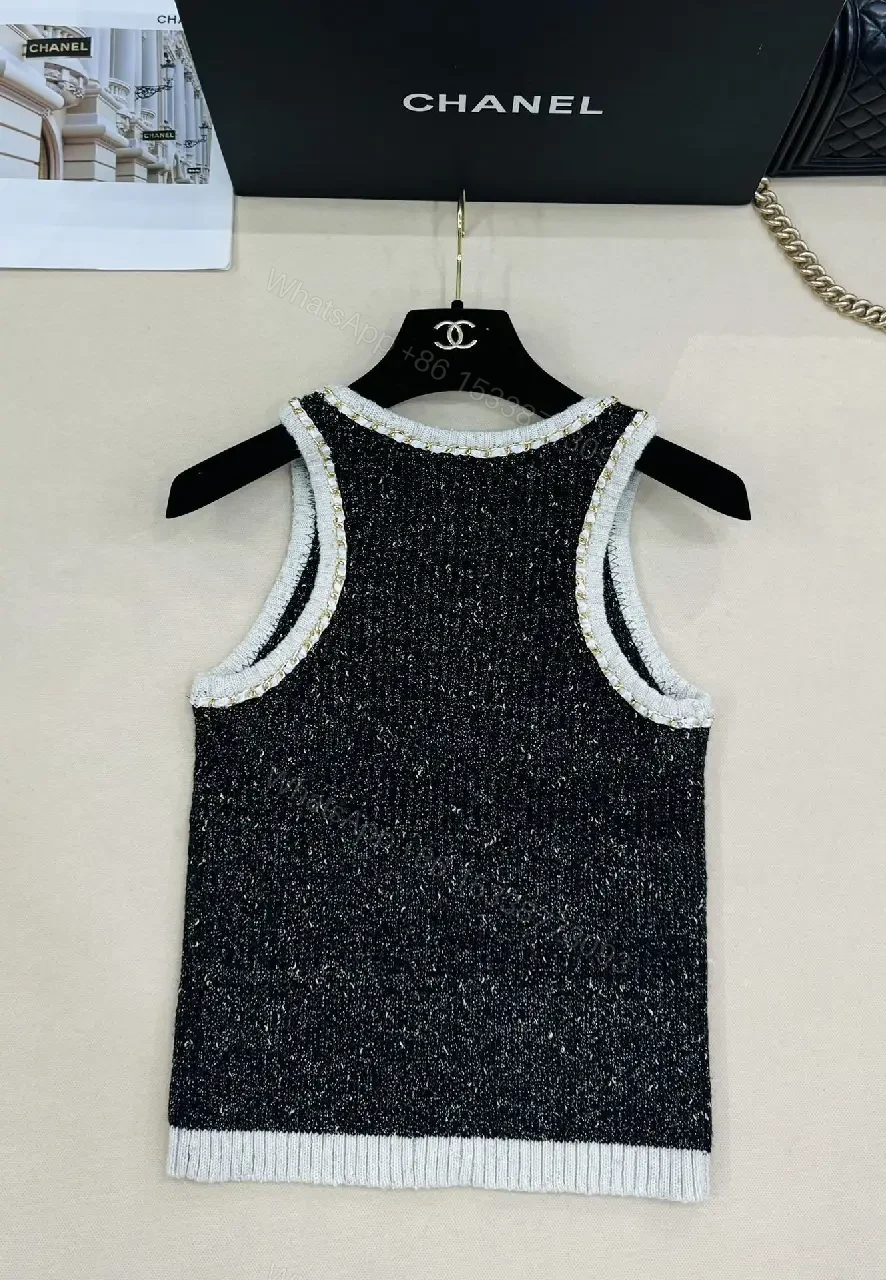 View 6 of Dark Heather Knit Tank with Metallic Trim Luxury Top