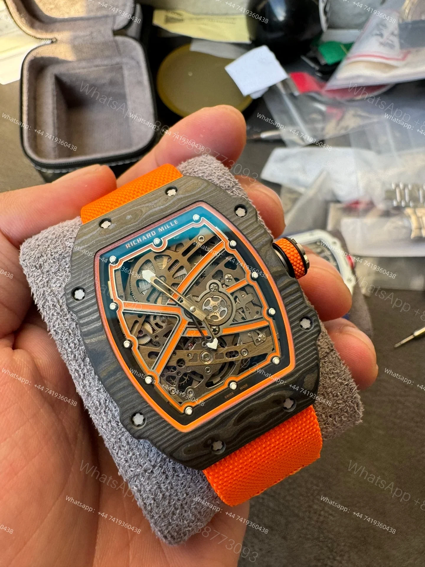 View 7 of Super Clone Richard Mille RM67-02 Carbon TPT Skeleton Tourbillon 1:1 Replica Watch with Orange Strap