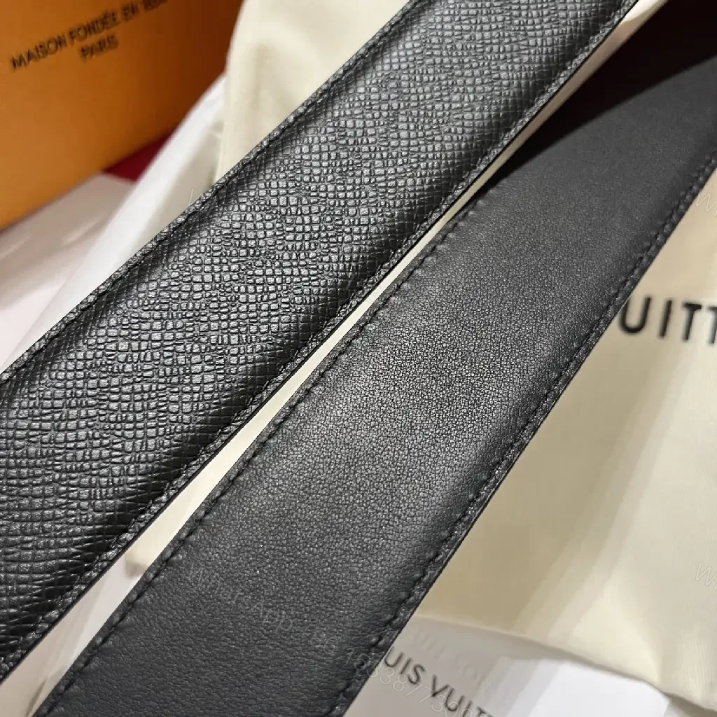 View 5 of Black Leather Belt with Silver LV Logo Buckle, Classic Pebbled Texture