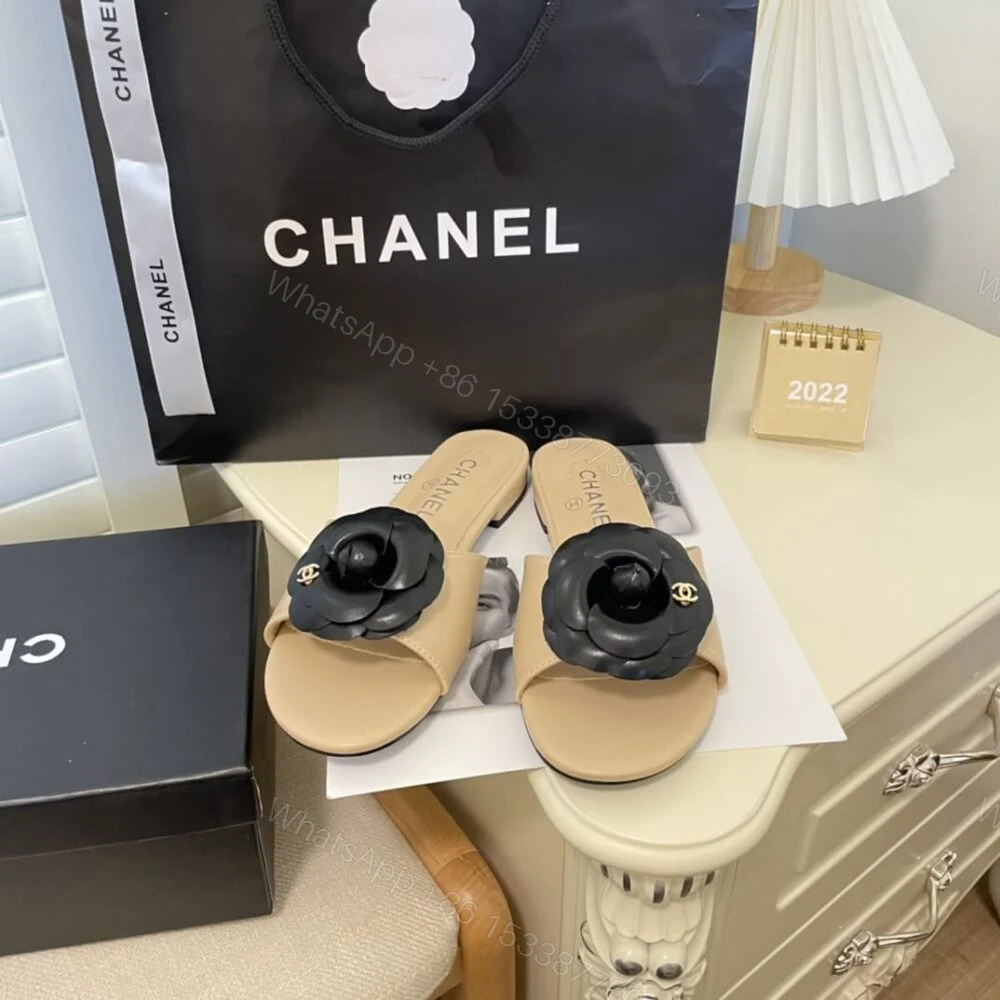 View 3 of Chanel Black Camellia Slides Beige