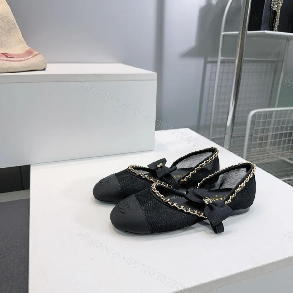 View 3 of Black Satin Bow Flat with Gold Chain Detail, Slip-On Ballet Flat