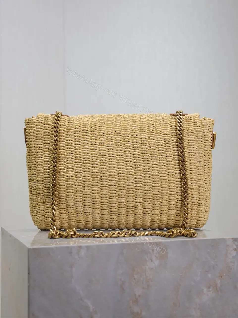 View 8 of Natural Straw Clutch with Signature Hardware, Fold-Over Accent + Compact