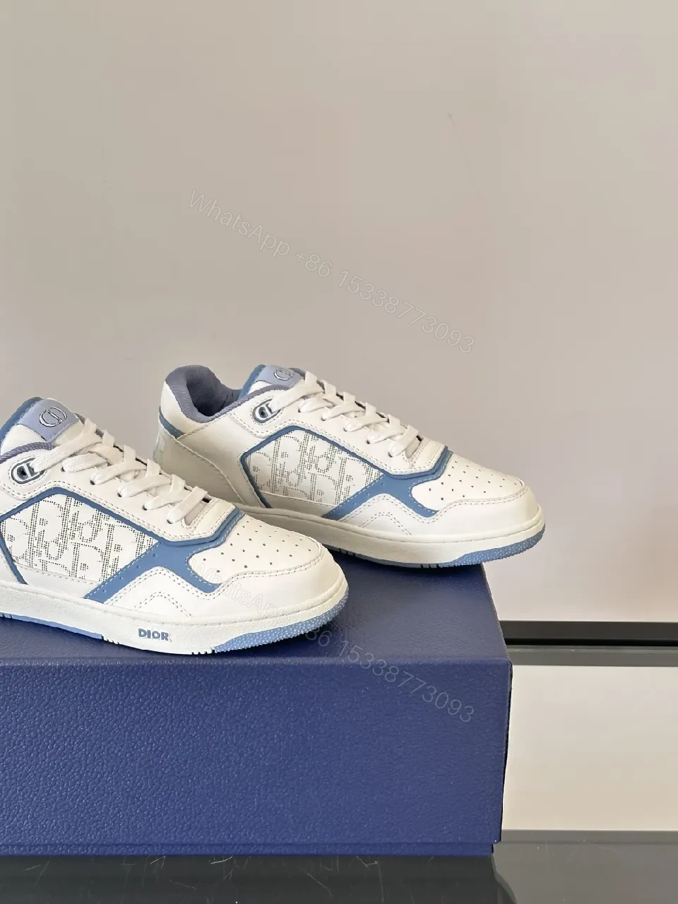 View 6 of White & Sky Blue Leather High-Tops with Subtle Monogram Texture