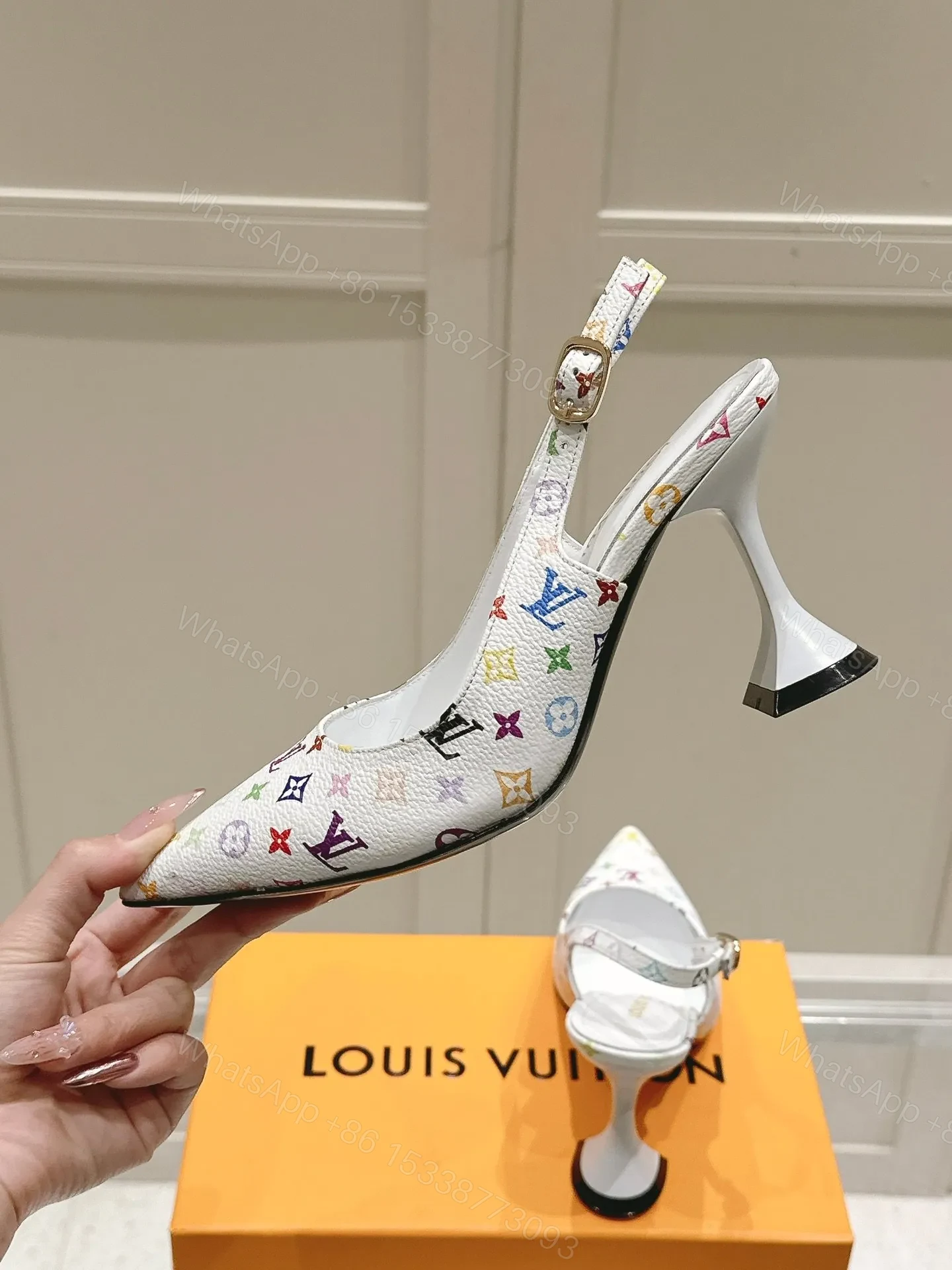 View 6 of LV Women White Leather Multicolor Logo Heels