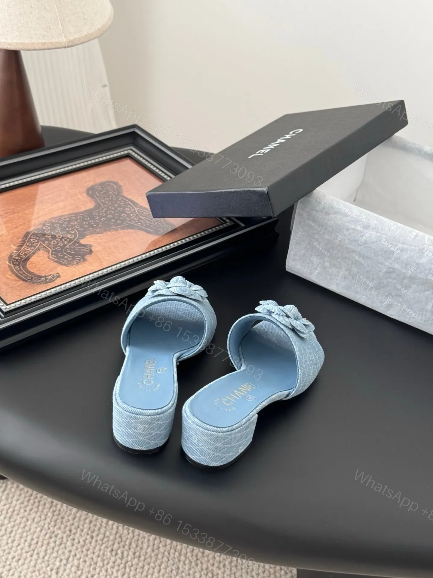 View 6 of Chanel Women Light Blue Fabric Floral Slide Sandals