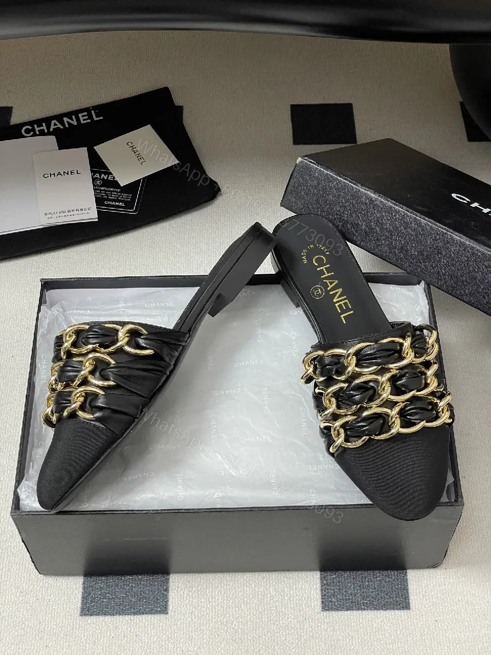 View 2 of Black Satin Mules with Gold Chain Detail - Opulent Everyday Style