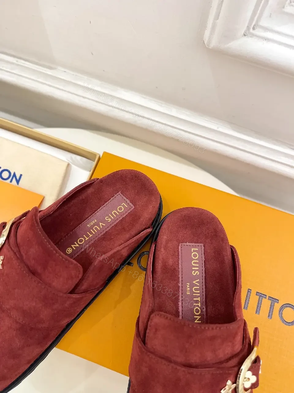 View 3 of Burgundy Suede Slipper Mule with Gold Buckle