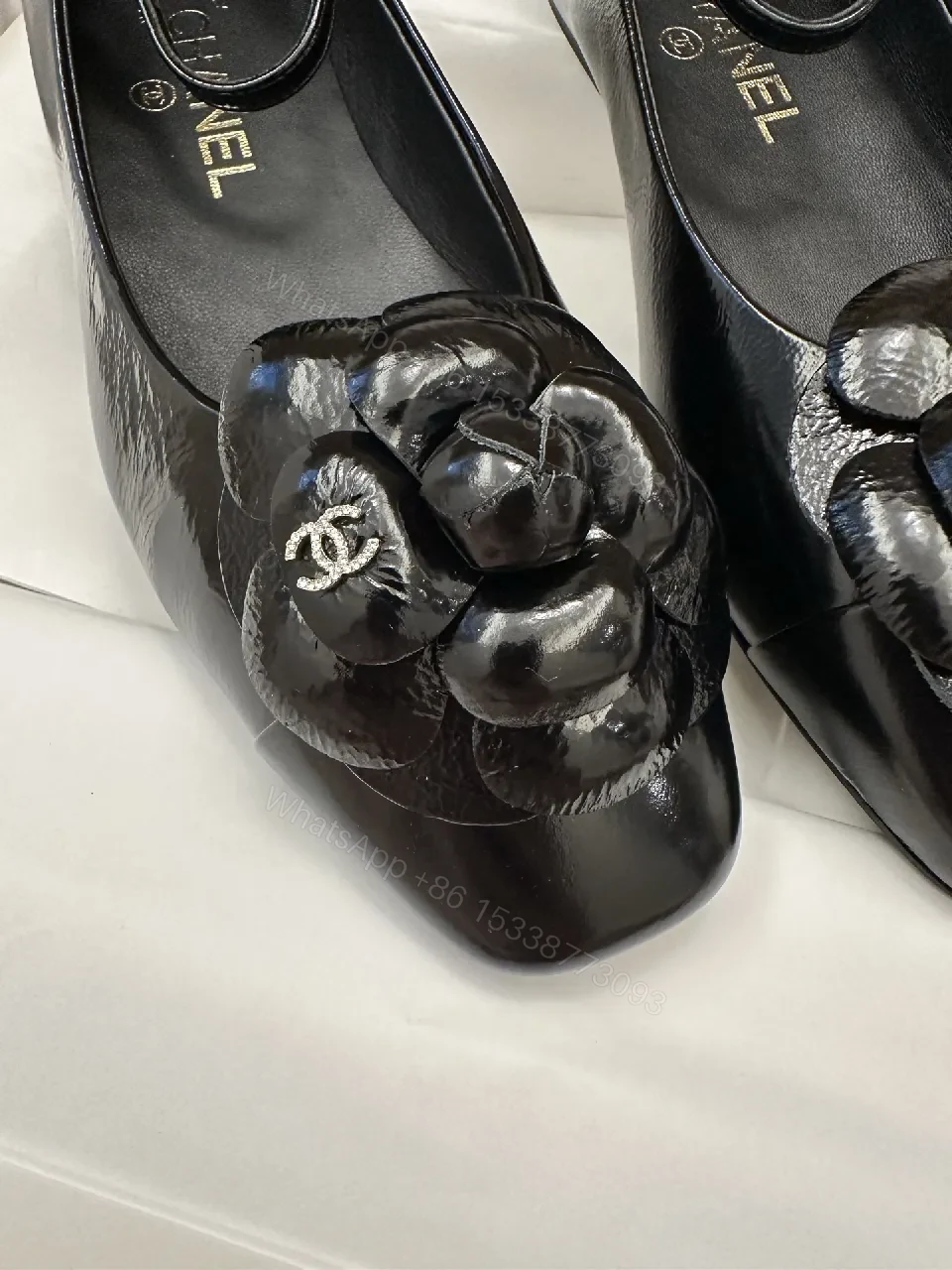 View 3 of Glam Black Patent Flats with Floral Overlay, Slip-On Shoes