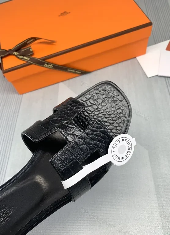 View 3 of Croc-Texture Hermes Leather Slides: All-Day Comfort