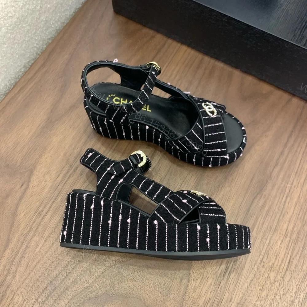 View 2 of CHANEL COTTON TWEED CC PLATFORM SANDALS BLACK WHITE