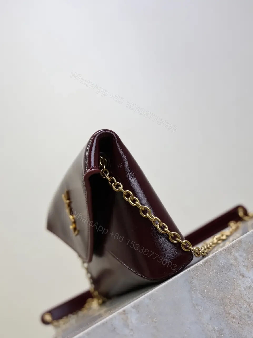 View 8 of Burgundy Leather Crossbody, Satin-Gloss, Gold Hardware, Chic Couture