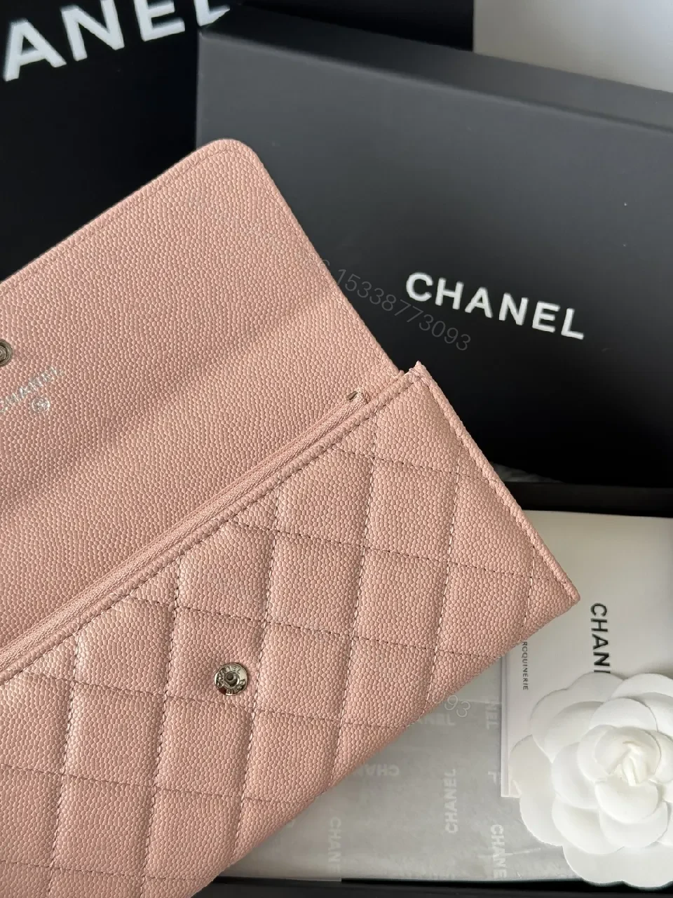 View 4 of Soft Pink Quilted Wallet with Silver Emblem - Compact Luxury Wallet