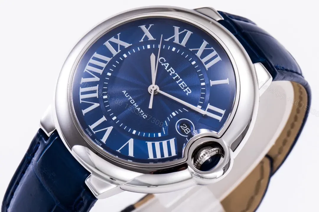View 4 of JF Factory Cartier Ballon Bleu 42mm Blue Dial Stainless Steel Automatic Watch with Mississippi Alligator Leather Strap