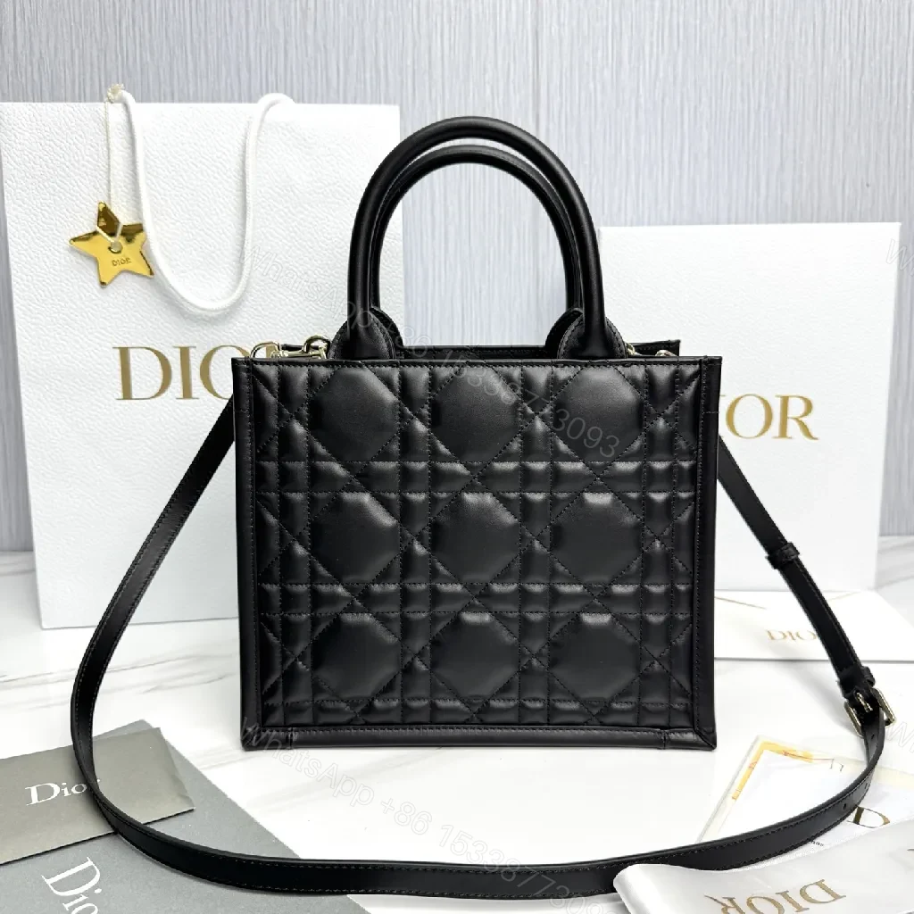 View 4 of Black Quilted Mini Tote - Leather, Gold Charm, Structured, Compact Carryall