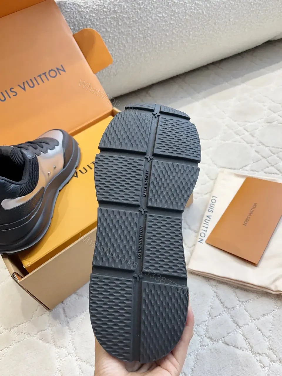 View 4 of Black Silver Leather Chunky Sneakers with LV Logo, Louis Vuitton Style