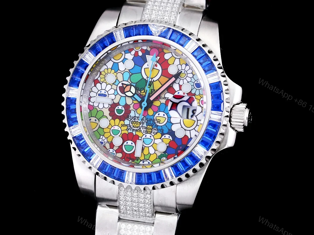 View 3 of Rolex Submariner Colorful Blue Bezel Replica 42MM Premium Pavé Oyster Bracelet RG-ROLEX-SUB-COLORFUL-BLUE-42