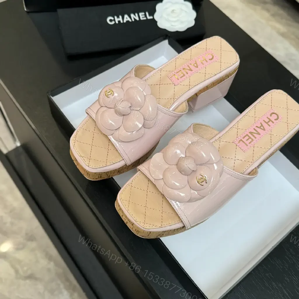 View 4 of Pink Quilted Slide Sandals with Floral Cork Platform