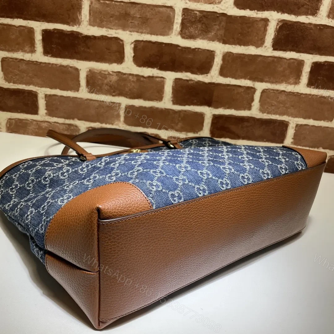 View 4 of Gucci Medium Tote GG Denim Bag Brown Navy blue Leather