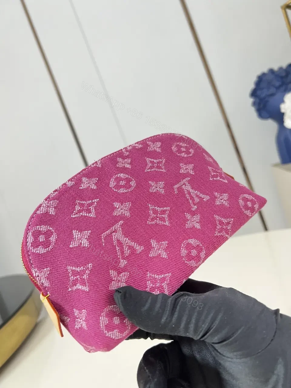 View 3 of Bold Pink Monogram Cosmetic Pouch with Gold Hardware