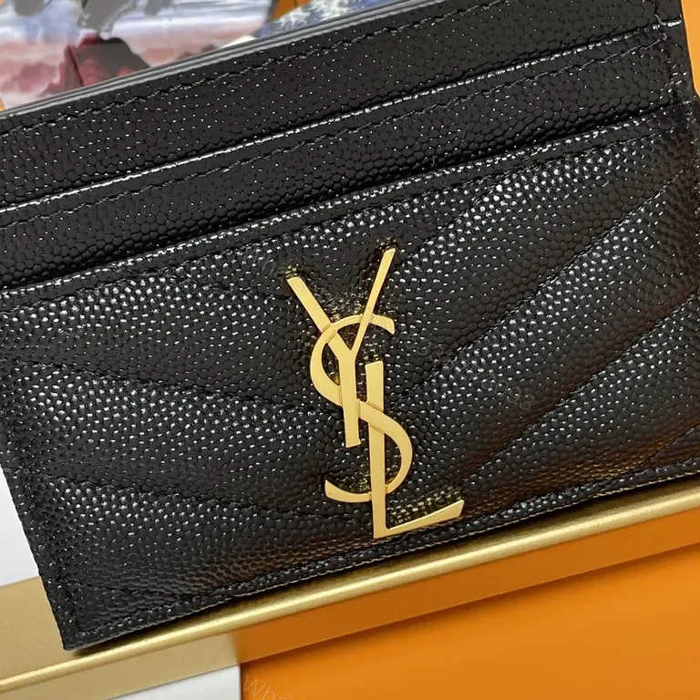 View 3 of Chic Black Textured Leather Wallet with Gold YSL Logo