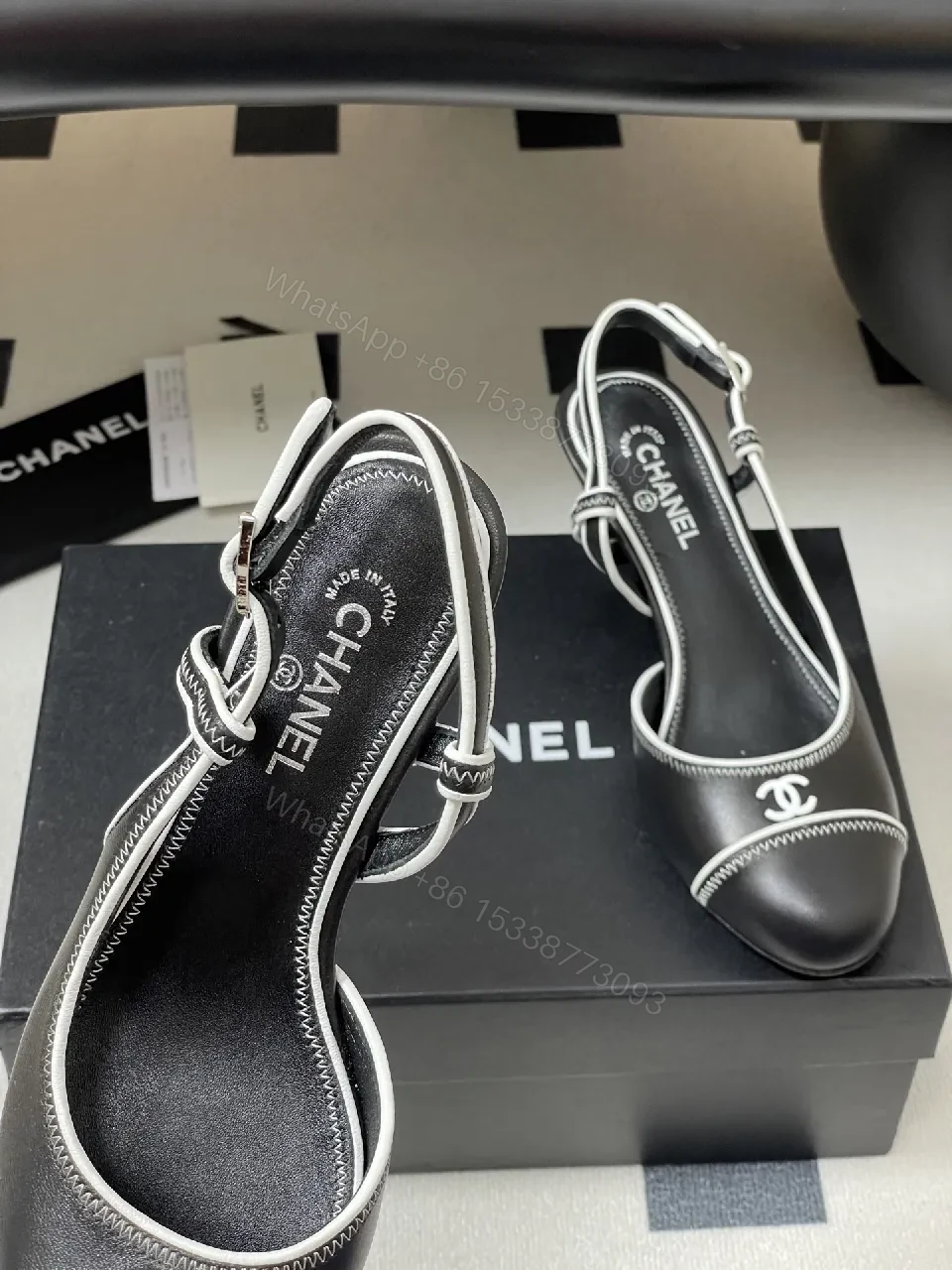 View 7 of Satin-Lace Slingback Heels with Signature Stitch Detail