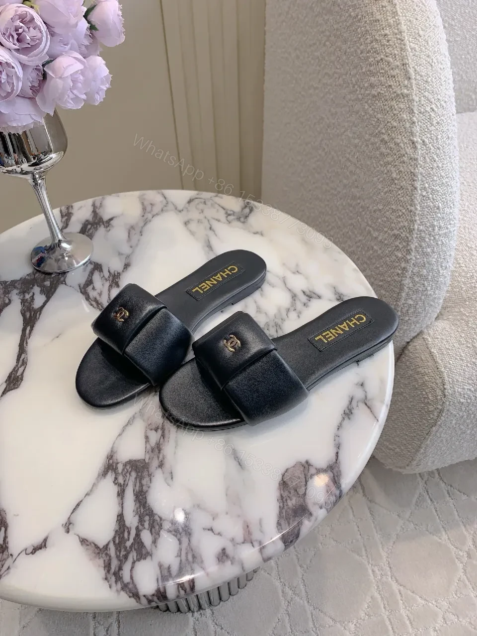 Black Faux Leather Slide Sandals - Luxe Minimalist Comfort — view 1