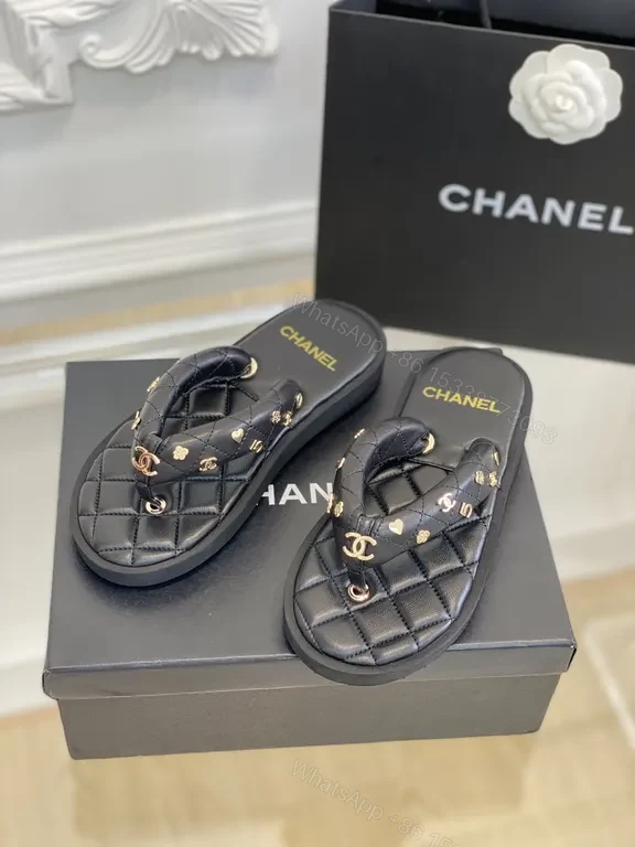 View 3 of Quilted Leather Chanel-Style Slides with Gold Logo Accents