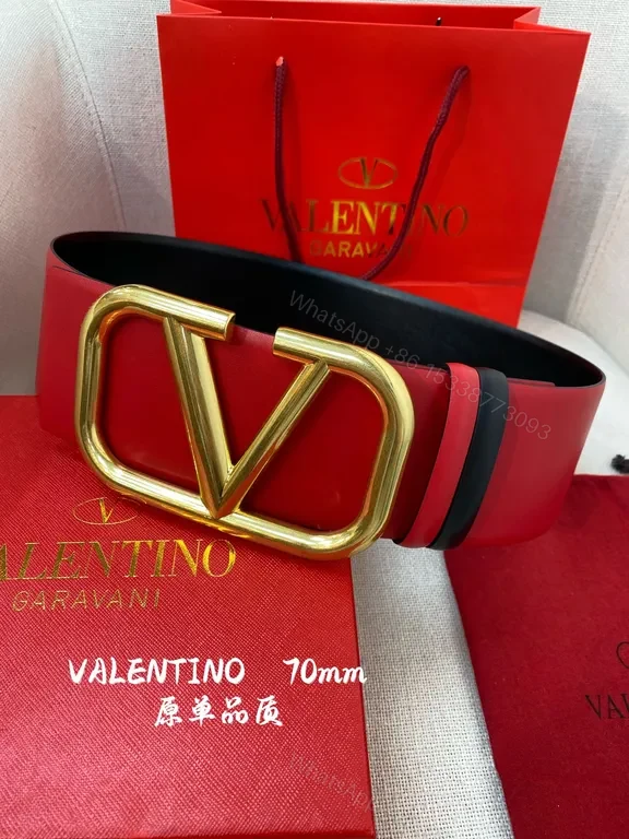 Bold Red Belt with Gold V Buckle - Valentino Garavani 70mm Leather Belt — view 1