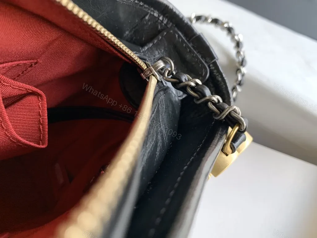 View 6 of Chanel-Style Quilted Crossbody: Black Leather, Gold Charm