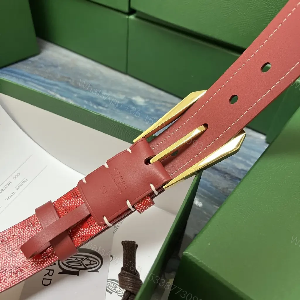 View 9 of Chic Red Leather Belt in Gold with Signature Pattern (60)