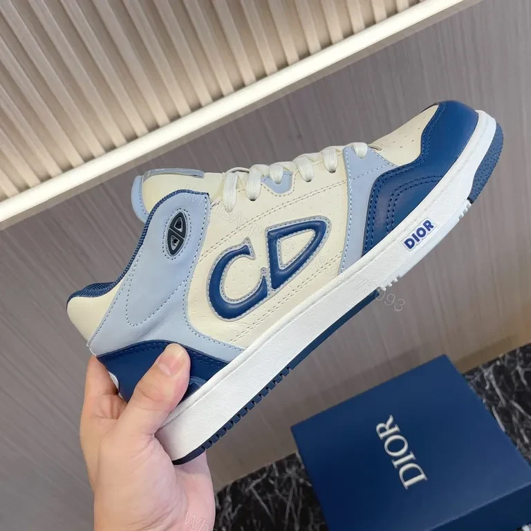 View 6 of Ivory Leather Dior-Inspired High-Top Sneakers with Blue Accents