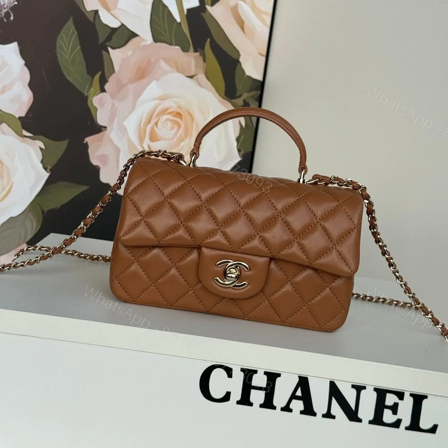 CHANEL FLAP BAG 20 IN BRONZE BROWN LAMBSKIN WITH HANDLE — view 1