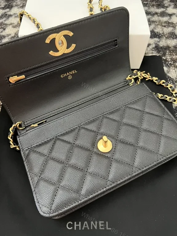 View 7 of Chic Quilted Wallet on Chain: Black Leather, Luxe Gold, CC Logo
