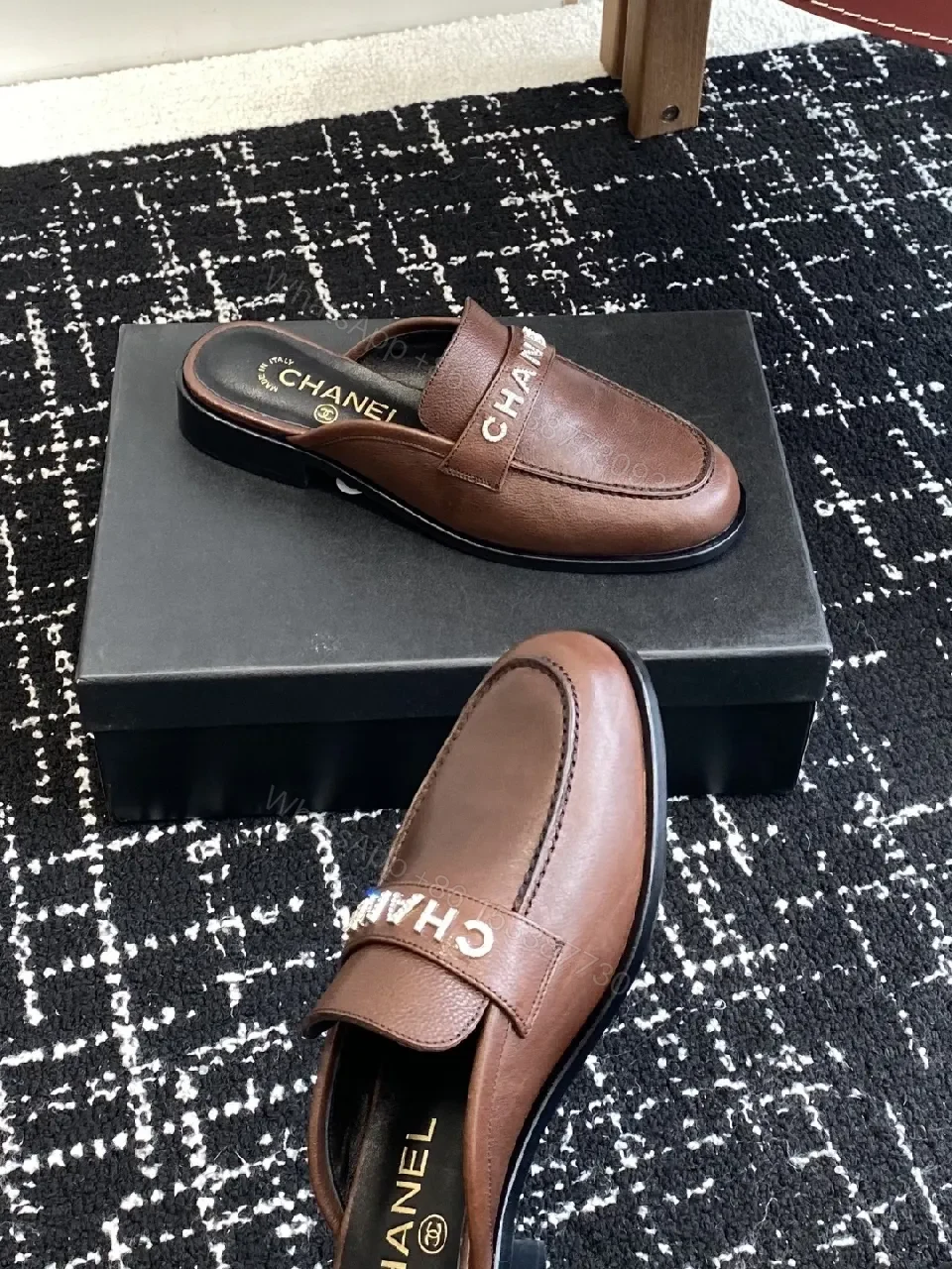 View 4 of Brown Leather Slides Luxury Open-Back with Logo Strap