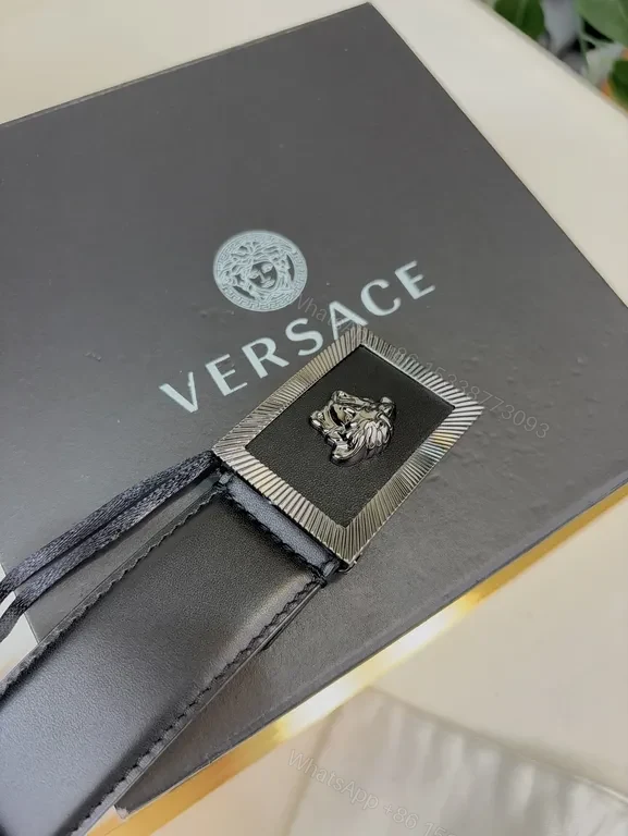 View 4 of Minimalist Leather Belt with Lion Buckle â€“ Versace Luxury Belt