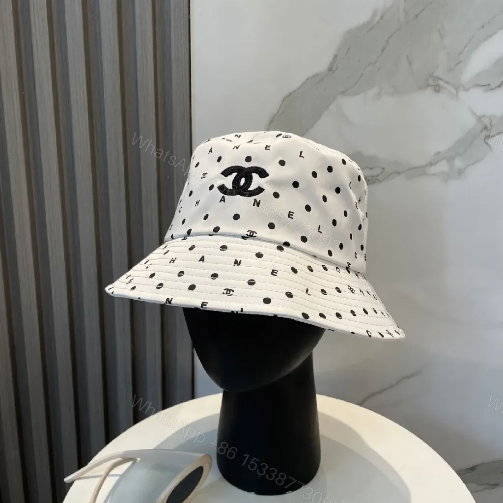 White Polka Dot Bucket Hat with Subtle Logo, Cotton-Blend — view 1